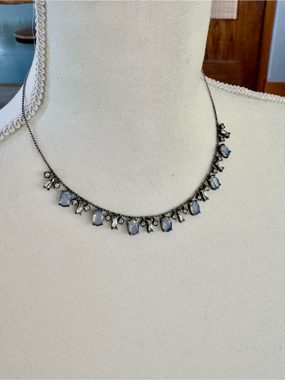 Sterling Silver Oval Opalescent & White Rhinestones Ball Chain Necklace 16-18”